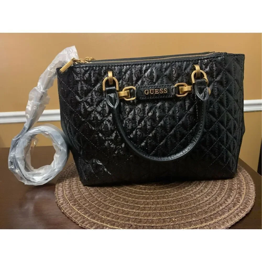 Guess Black Aveta Status Quilted Satchel Bag Handbag NEW